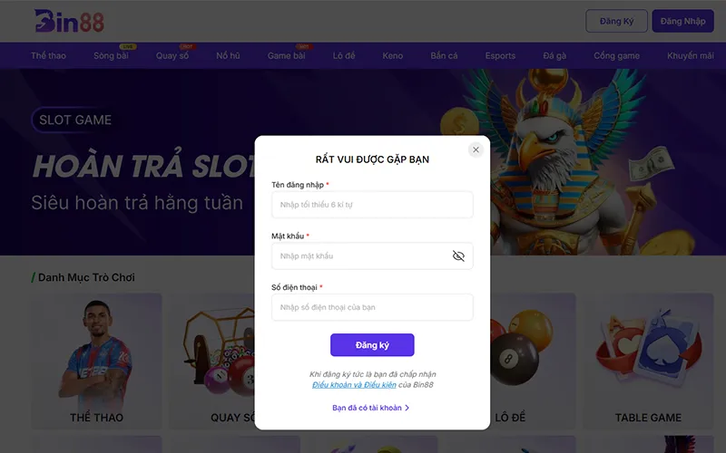 form đăng nhập BIN88 chuẩn chính thức