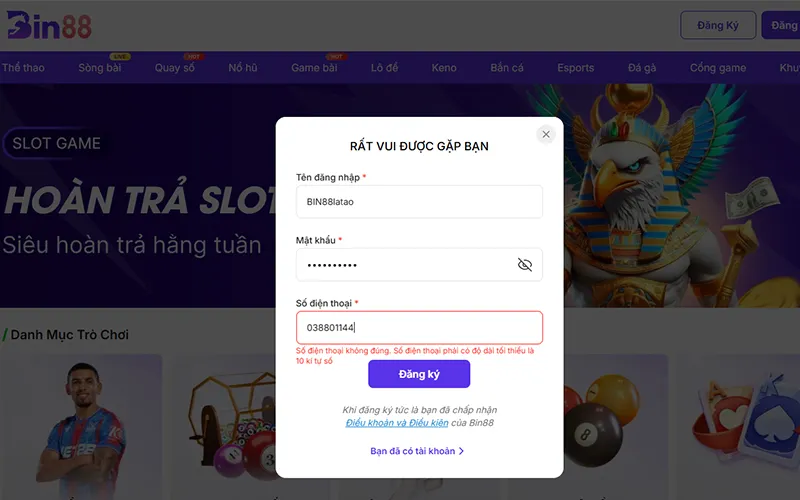 Giao diện đăng ký đăng nhập BIN88 mới nhất