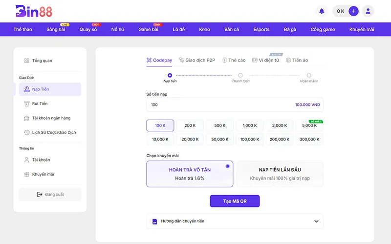 Giao diện chọn phương thức nạp rút BIN88